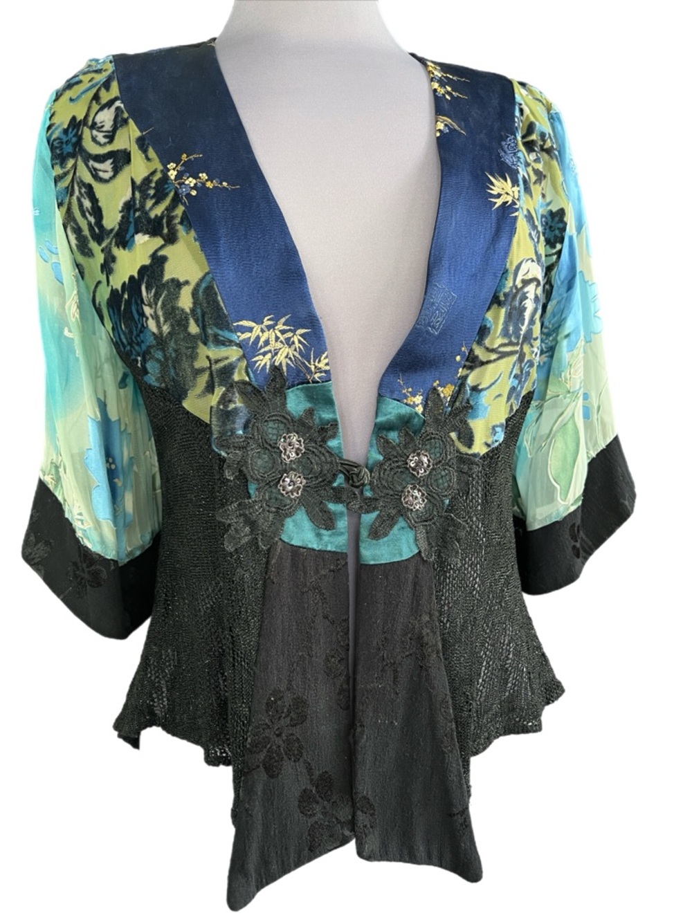Vintage Spencer Alexis Size S - Floral Mixed-Print Black, Blue & Teal